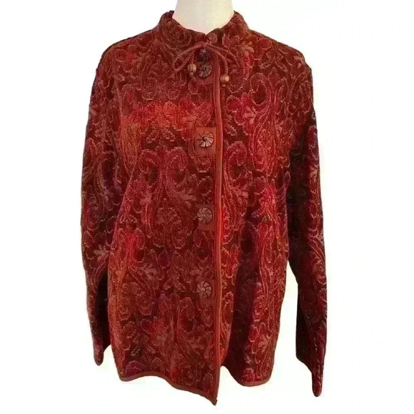 Vintage 90s Flashback Tapestry Jacket Red Burgundy Wooden Size M Button Detail - Picture 3 of 10